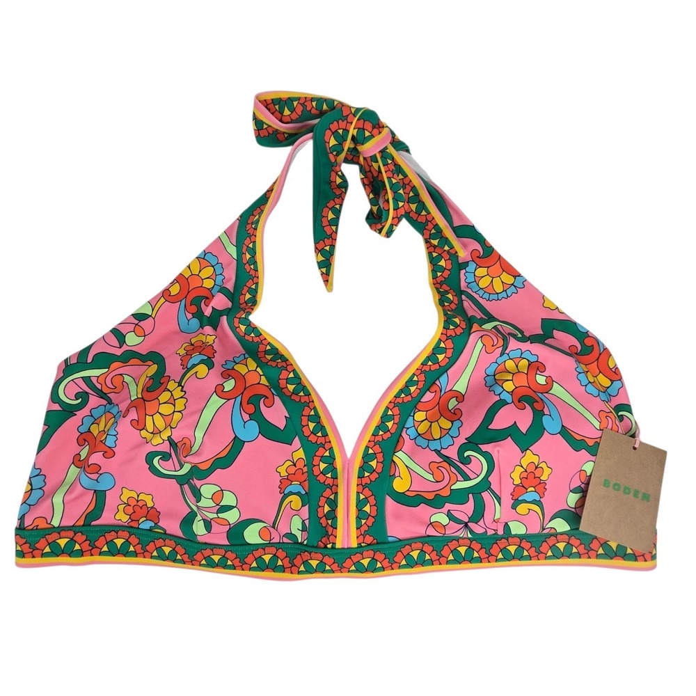 New Boden Ios V Panel Bikini Top Halter Pink Rose Foilage US Size 16-18 Nwt
